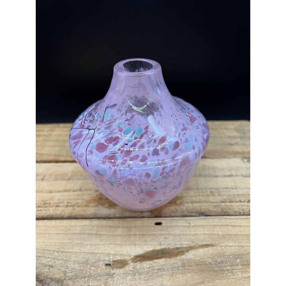 Vintage LORETTA EBY Studio Art Blown Glass Soft Pink Confetti Vase 5” Signed